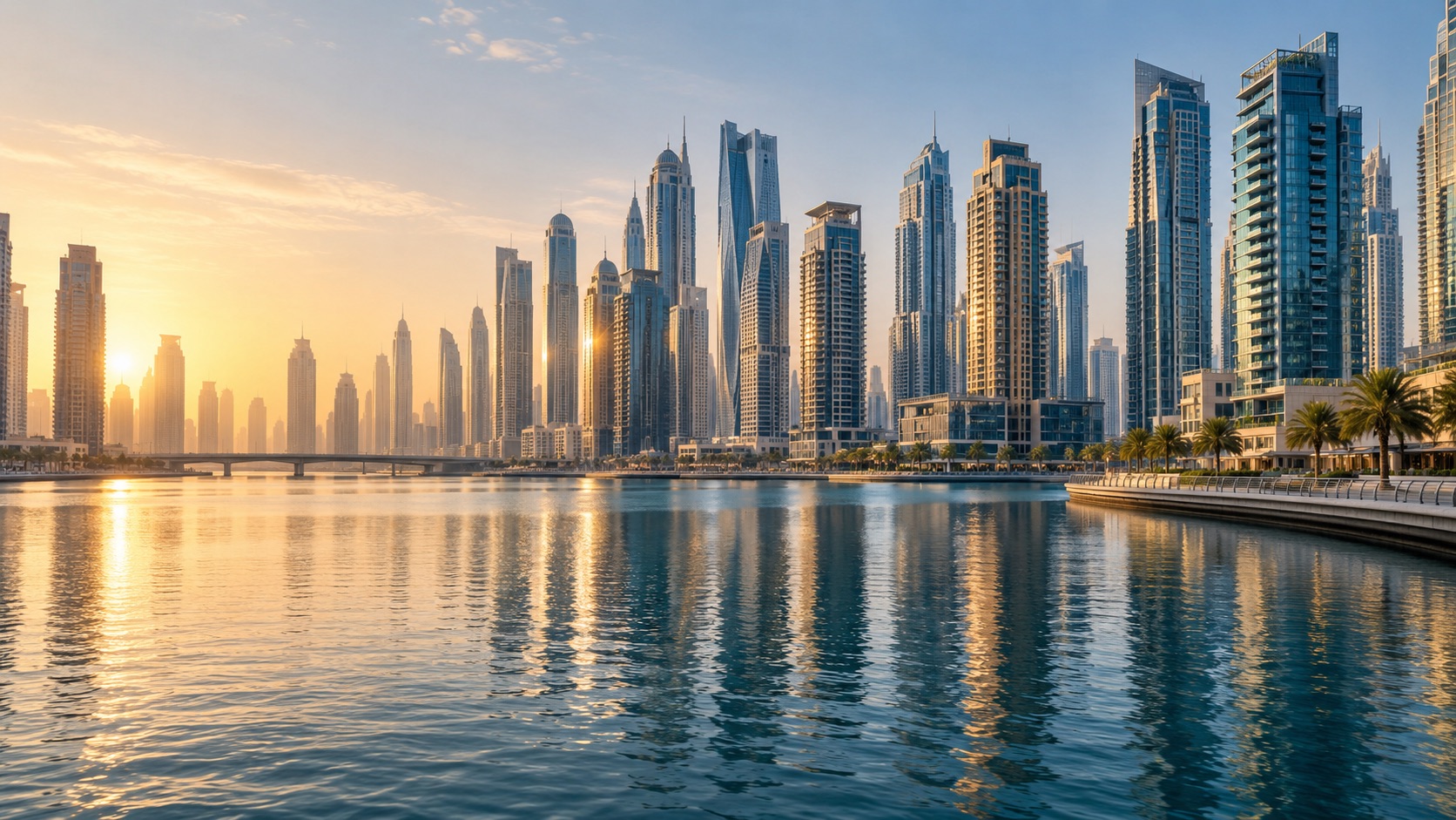 An editorial view of Dubai’s waterfront skyline at sunset